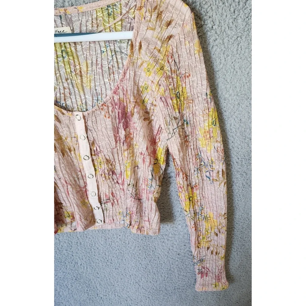 Free People Angelina Floral Print Semi Sheer Crop‎ Top Women Large Long Sleeve
